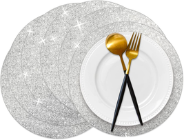Silver Glitter Paper Place Mats Sparkle 50 Pieces 14&#39;&#39; Round Disposable Table Ma - £30.82 GBP