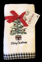 Merry Christmas Tree Embroidered Hand Towels White Set of 2 Buffalo Check 16x28&quot; - £30.78 GBP