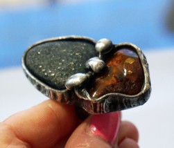 Raw Amber Ring Giant Silver Adjustable Ring Artisan Unique Holiday Gift Idea - £146.25 GBP
