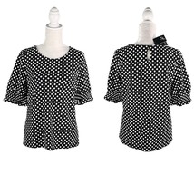 Adrianna Papell Shirt Top Black White Polka Dots Stretch M New - $33.00