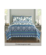  Floral Bedspread Set   3 Piece Quilted Blue, Green &amp; White Full/Queen &amp;... - $57.25+