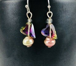 Heart Shape Bead Stone Dangle With Cultured Pink Pearl Earrings  Surgical Steel - $19.99