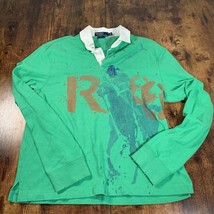 Polo Ralph Lauren Long Sleeve Rugby Polo Shirt Green Watercolor Custom Fit Large - £58.38 GBP
