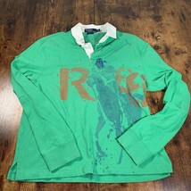 Polo Ralph Lauren Long Sleeve Rugby Polo Shirt Green Watercolor Custom Fit Large - £58.39 GBP