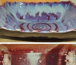Art Pottery Bowl 11&quot;x9&quot; red blue flambe drip pinched feet Vintage Raku s... - €77,66 EUR