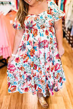 White Floral Square Neck Puff Sleeve Flowy Plus Size Midi Dress - $39.99