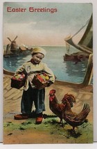 Easter Greetings Sweet Dutch Child w/ Eggs Seaside Roosters 1909 Postcard G11 - £5.46 GBP