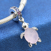 925 Sterling Silver Pink Murano Glass Sea Turtle Dangle Charm Bead - £14.75 GBP