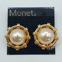 Monet Clip On Earrings Gold Tone Faux Pearl Signed Fashion Jewelry Nautical - £24.08 GBP