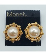 Monet Clip On Earrings Gold Tone Faux Pearl Signed Fashion Jewelry Nautical - £24.08 GBP