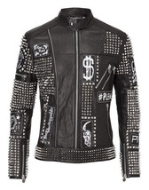 New PHILIPP PLEIN Black Full Studded Embroidery Patches Leather jacket Biker Men - £183.84 GBP