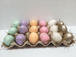 18pc EASTER Pastel Speckled Eggs in Carton Basket Bowl Fillers Yellow Ho... - $29.99