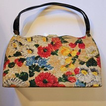 Floral Fabric Purse Handbag Bag Black Patent Leather Trim and Handles Vintage - £39.49 GBP