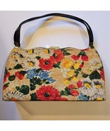 Floral Fabric Purse Handbag Bag Black Patent Leather Trim and Handles Vi... - £38.90 GBP