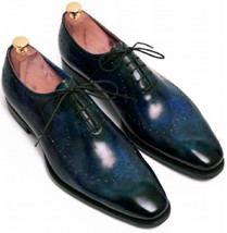 Premium Navy Blue Patina Balmoral Style Genuine Leather Men Business Shoes - £101.46 GBP