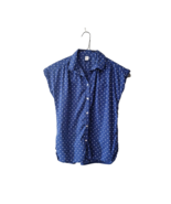 Old Navy Blouse Blue White Women Size Small Curved Hem Polka Dots Button Up - £23.81 GBP