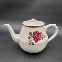 Vintage Arthur Wood Englad White Teapot With Burgundy Red Green Roses Gold Trim - £14.98 GBP