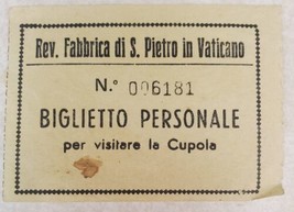 Vintage 1940s Ticket Stub St. Peters Basilica Vatican City Italy Dome Cupola - £23.20 GBP