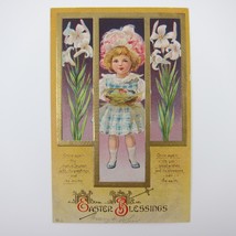 Easter Postcard Girl in Hat Easter Eggs Basket Lily Flower Gold Embossed Antique - £11.38 GBP