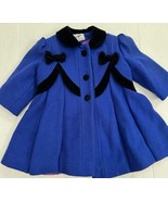 Vintage Rothchild Girl Blue Black Pleated Bow Wool Velvet Coat Toddler 2... - $82.06 CAD