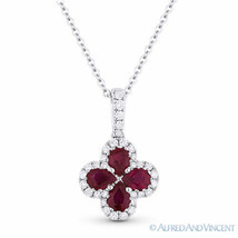 0.89ct Red Ruby &amp; Diamond Flower Pendant in 18k White Gold w/ 14k Chain Necklace - £1,234.01 GBP