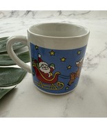 Vintage 90s Christmas Coffee Mug Blue White Santa Reindeer Holiday Cup - $17.81