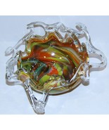 ART GLASS FREE FORM CLEAR EDGE 10 1/2&quot; BOWL~YELLOW ORANGE GREEN WHITE~MU... - $123.74
