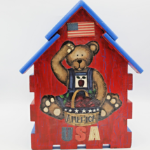 Bear Wooden Pot Holder Patriotic 4TH of July USA Hand Painted Decoupage Planter  - £19.93 GBP