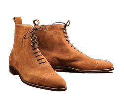 Men Tan Suede Cap Toe High Ankle Handmade Vintage Leather Lace Up Boots - £115.09 GBP