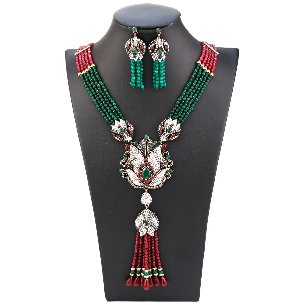 Vintage Beads Jewelry Sets Crystal Pendant Necklace Earring Sets Bohemia Bride W - £53.98 GBP
