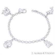 Elephant, Ladybug, Teddy Bear, Dolphin Charm .925 Sterling Silver Rolo Bracelet - £45.06 GBP