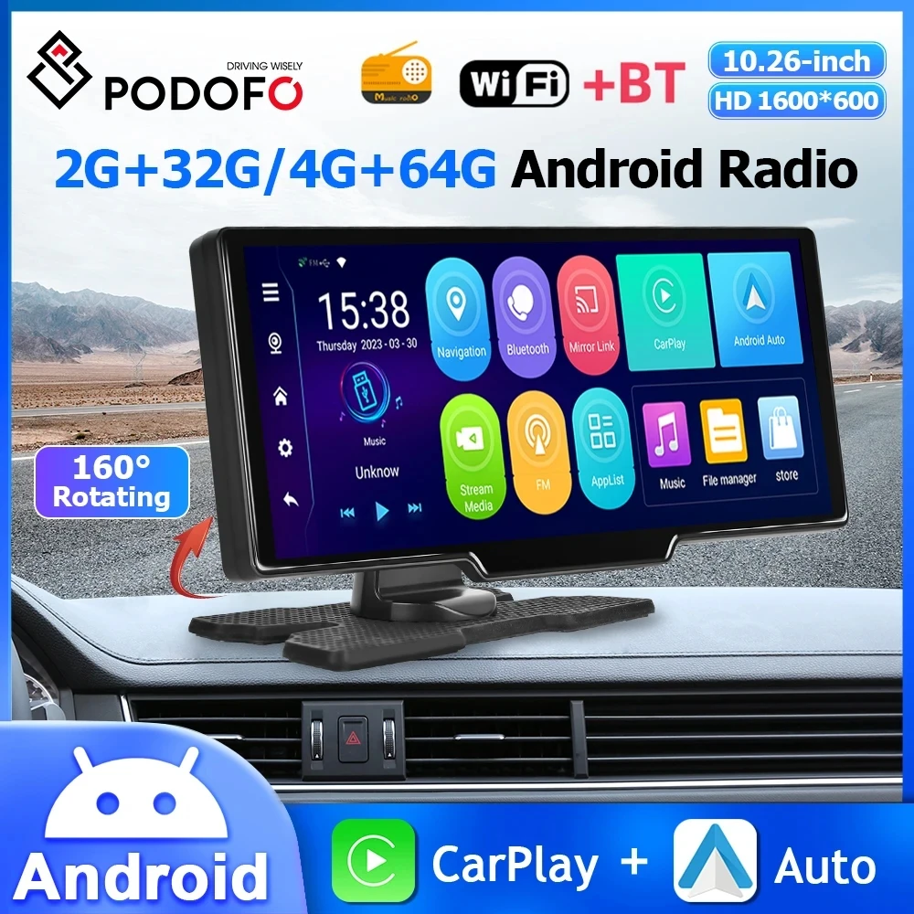 Podofo 10.26&#39;&#39; Android Car Monitor Carplay Dashboard Android Auto 4+64G 8Core - £88.39 GBP+