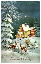 Bonne Snow Scene Deer House on a Hill Happy New Year French Postcard - £6.77 GBP