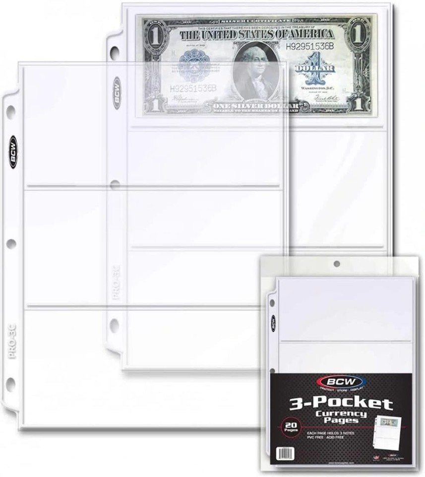 BCW Pro 3-Pocket Currency Page - 20 ct, Archival Quality, Clear Money Sl... - $7.55