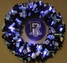 LED University of Rhode Island URI Custom Loopy Ribbon Wreath WITH LIGHTS - £55.82 GBP