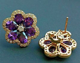 2.50Ct Pear Cut Amethyst Clip On Cluster Stud Earrings 14K Yellow Gold Finish - £74.37 GBP