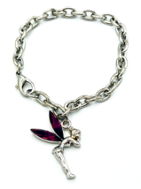 Purple Rhinestone Silver Tone Tinkerbell Fairy Charm Bracelet 7 in - £12.63 GBP