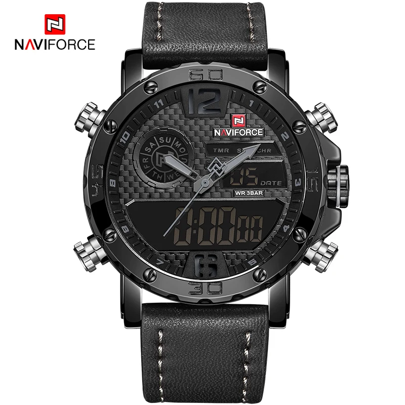 Watch 2024 NAVIFORCE    Men Leather Waterproof Male Digital Dual Wrist Watch Mal - £50.76 GBP