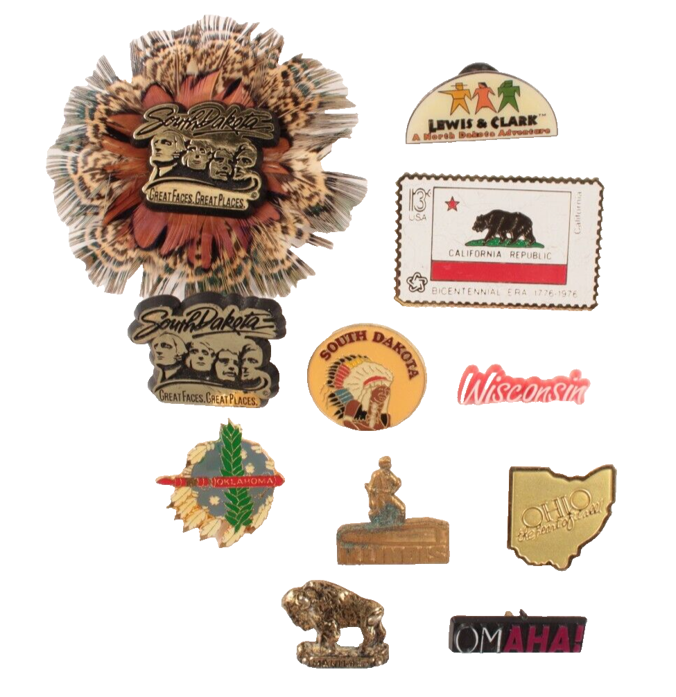 11 Vintage Lapel Pin Tacks US State Themes Plus Hat Feathers form South ... - $12.19