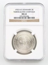 1953-H NS Dinamarca 2 Coronas Moneda de Plata MS-63 NGC Greenland Tuberc... - $149.68