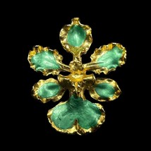 Vintage Gold Tone Iris Turquoise Green Shimmer Enamel Estate Pendant Brooch Pin - £6.70 GBP