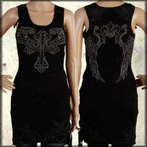 Cross Angel Wings Rhinestones Rock Moto Womens Corset Tank Top Tunic Dress Black - £25.99 GBP