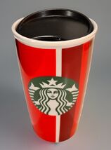 Starbucks COFFEE Tumbler Ceramic Double Wall Striped Travel 12 Oz Mug Cu... - $14.24