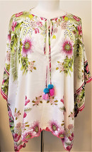 Johnny Was  Floral-Print Silk Georgette Caftan Top w/ Pom Pom Ties Sz-OS - £127.12 GBP