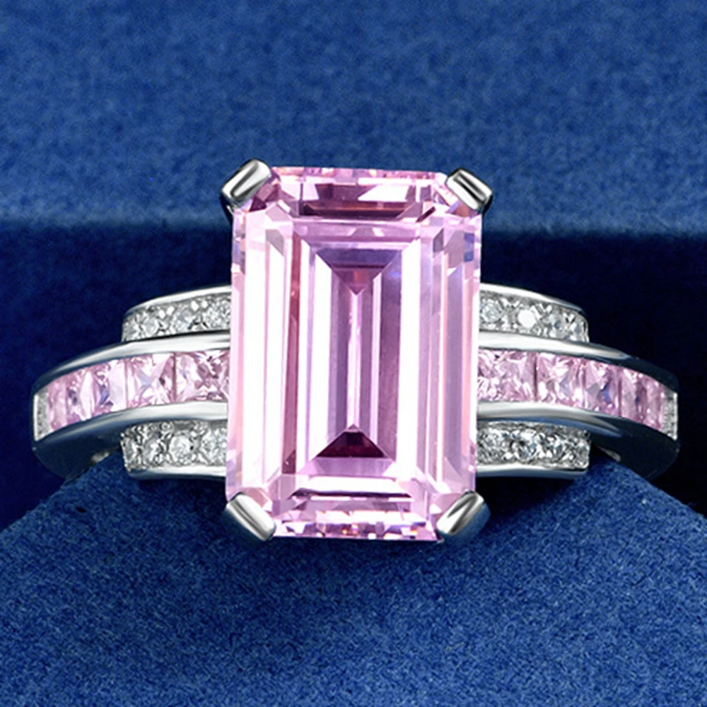 18K Gold Plated 925 Sterling Silver Emerald Cut Pink Sapphire High Carbon Diamon - £40.24 GBP