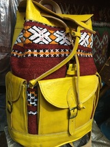 Genuine yellow handwoven leather kilim backpack, vintage, Leather backpack, boho - £131.89 GBP