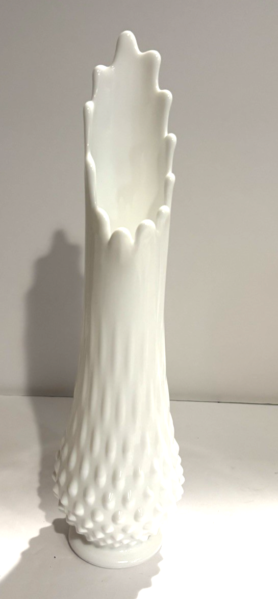 Vintage  Fenton Milk Glass Hobnail Stretched Swung Vase 12 Finger - £28.54 GBP