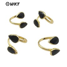 WT-R348 Natural stone ring drop shape black a gate ring unique design with gold  - £53.43 GBP