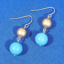 Vintage Beaded Earrings Blue Bronze Mod Bauble Dangle Hooks - $14.84