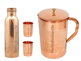 Copper Plain Smooth Bottle Water Pitcher Jug 2 Drinking Tumbler Glass Se... - £46.31 GBP